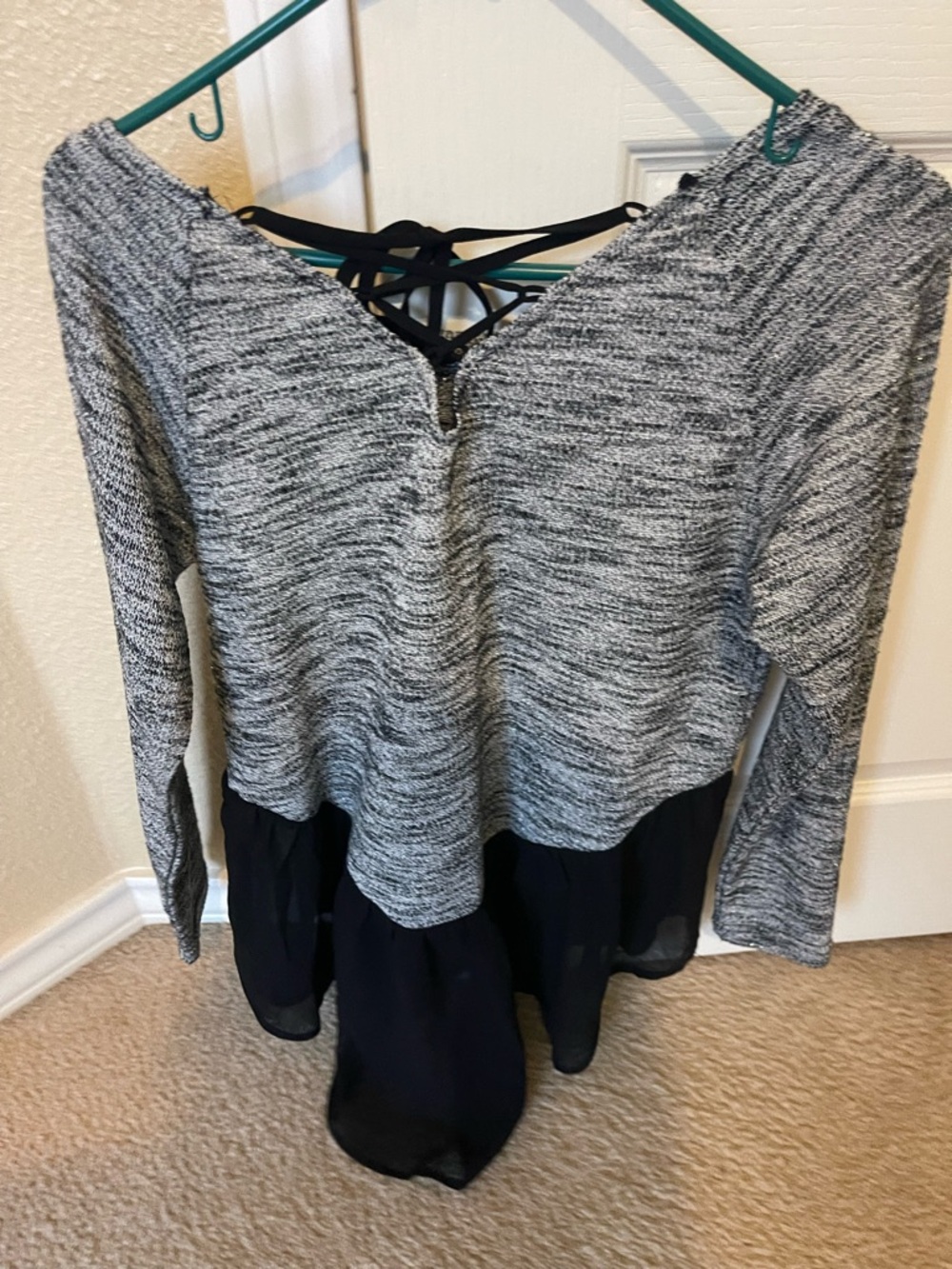 Grey Marled Knit Peplum Top with Black Chiffon Hem Gianni bini new !